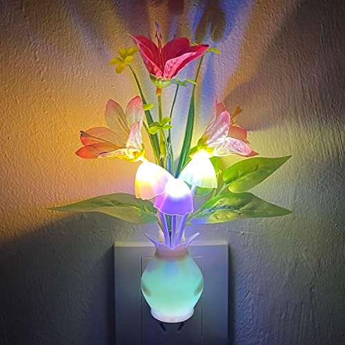 Plug-in noćno svjetlo sa Auto svjetlosnim senzorom, RGB LED Mushroom Night Light zidna lampa za cvijeće 1w Energetski efikasna noćna