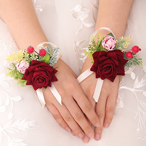 Kercisbeauty Crvena ruža cvijet Corsage narukvica biserna narukvica za vjenčanje djeveruša i cvijeće djevojke ručno traka ručni lanac