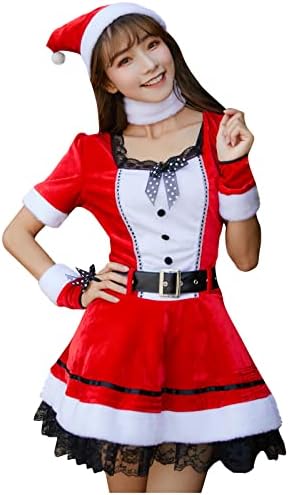 Božićni kostim za žene Cosplay Retro Party Dress Lace Square Collar kratki rukav Midi haljina sa pojasom 5 komada
