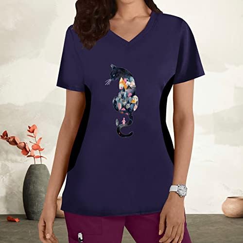 Ženske pilinge_tops Ispis Cat uzorak V-izrez Patchwork košulje Top moda Ženska majica kratkih rukava