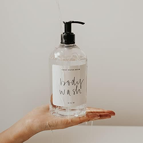 Dekor slatke vode čiste plastične jar | Dosed za punjenje šampona | 16 oz pumpi sa pumpom | Bijela vodootporna etiketa sa crnim tekstom