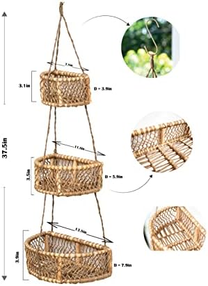 CTN kreacija viseća korpa za voće za kuhinju 3-slojni, ručno rađeni prirodni tkani Juta & zidne korpe od ratana, skladište povrća