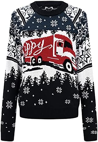 Božićni džemperi za žene sretan automobil uzorak blok pletene crtene provjere pulove za stripe, casual casual y2k otvoreni prednji