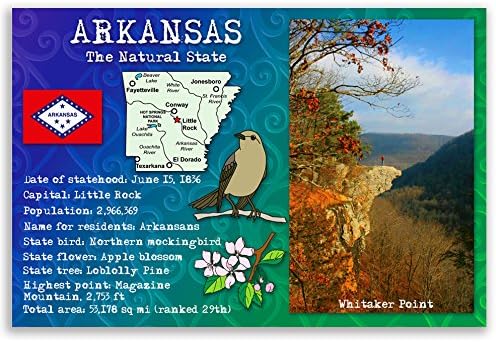 Arkansas STATE FACTS set razglednica od 20 identičnih razglednica. Pošaljite kartice sa Ar činjenicama i državnim simbolima. Napravljeno