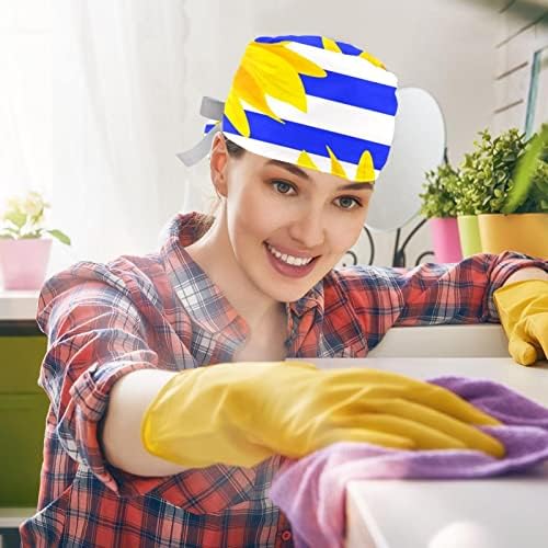 2pcs radna kapa s gumbima i duksevima Žuta suncokret plava i bijela traka uzorka za čišćenje za žene duga kosa