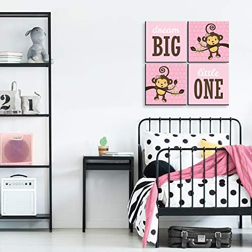 Velika tačka sreće Pink Monkey Girl - Dječja soba, Dječji vrtić i kućni dekor - 11 x 11 inča Dječji vrtić - set od 4 otiska za dječju