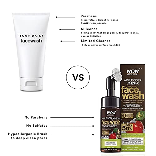 WOW skin Science pena od jabukovog sirćeta piling za pranje lica & amp; četka - sredstvo za čišćenje lica Acne Face Wash za žene &