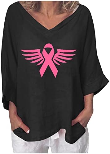 3/4 rukava za dojku za dojku za žene za žene ružičasto anđeo vrpce Print grafičar TEE V izrez Batwing labav bluza
