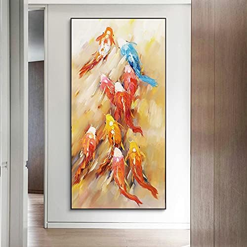 KVSI ručno oslikana uljana slika na platnu, narandžasto crvena dobra sreća Koi riba sa devet repova Kineski stil Moderna umjetnička