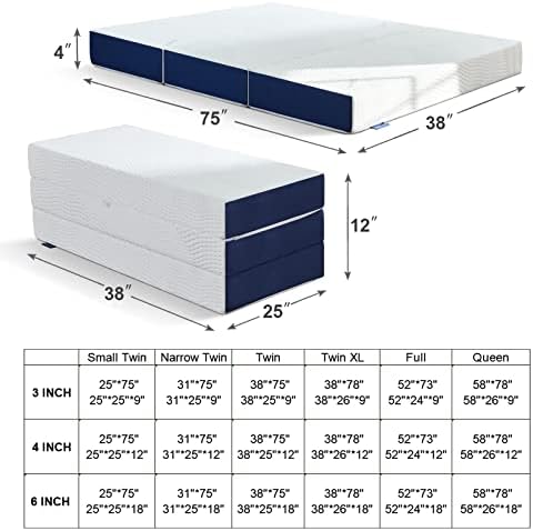 Iyee Nature Folding madrac, 3-inčni Trostruki madrac za memorijsku pjenu Toppe, sklopivi madrac Topperr sa bambusovim poklopcem za kampiranje, gost-Twin XL veličina, 78x 38 x3