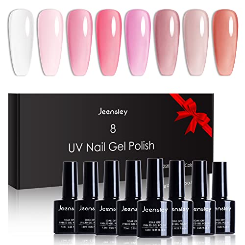 Jeensley gel Set lakova za nokte 7,5 ml / 8 boja dugotrajni sušeni LED lampom u više boja Jelly Translucent White Sweet Pink Kit trendi