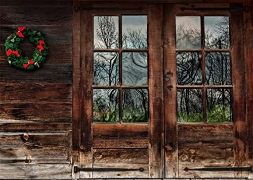 BELECO 10x8ft tkanina Božić kabina fotografija pozadina rustikalni drvena kuća sa Božić vijenac Grunge vrata prozor šuma pogled pozadina