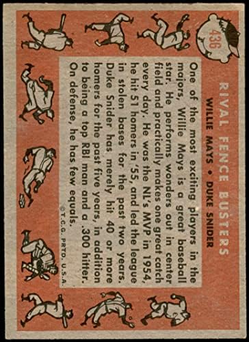 1958 TOPPS 436 Rival Fence Busters Willie Mays / Duke Snider Los Angeles / San Francisco Dodgers / Giants VG / Ex + Dodgers / Giants