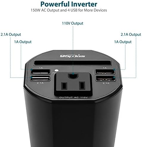 Bapdas 150w Car Cup Power Inverter DC 12V do 110V AC konverter sa 1 AC utičnicom i 4 USB porta za tablete, laptopove i pametne telefone-Crna
