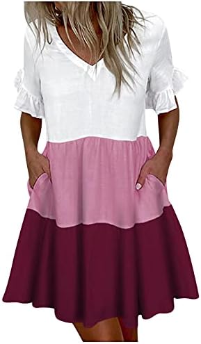 Iqka ženske Babydoll haljine u boji blok Patchwork Ruffle kratki rukav V izrez kratke Mini haljine s džepovima Vestidos