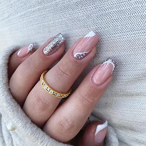 Kvadratna presa na noktima sa srebrnim puderom dizajn, bijeli francuski lažni nokti Splice Glitter akril nokti sjajni Bling lažni