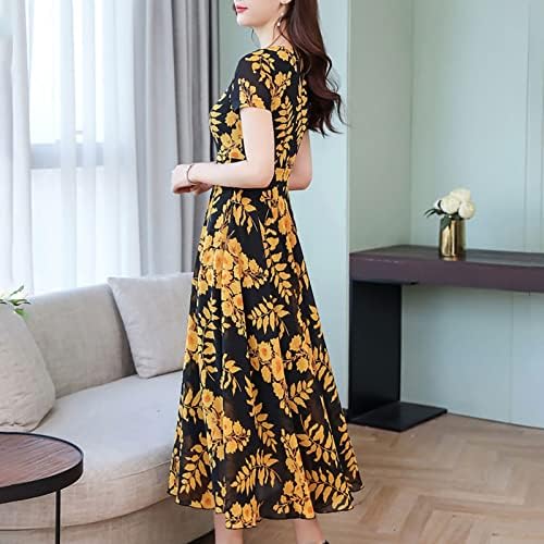 ADHOWBEW ljetna haljina za žene Casual kratki rukav cvjetni Print linija haljina slatka O vrat šifon Maxi haljina