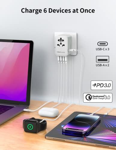 Momax univerzalni putni Adapter, 65W Gan putni Adapter sa UK/EU/AU / US utikačima, 3USB-C PD & 2USB-a QC Međunarodni adapterski punjač,