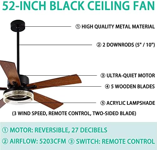 52 RUSTIC LED stropni ventilator sa daljinskim upravljačem sa svjetlima, 3 brzina modernog stropnog ventilatora sa LED svjetlom i
