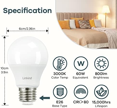 Linkind A19 LED sijalica, 60W ekvivalentne sijalice, 9w 3000k topla bijela, 800 lumena LED sijalica koja se ne može zatamniti, E26