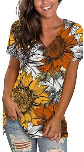 Pamučni gornji ženski pad ljetni odjeću kratki rukav V izrez grafički salon top majica za dame sf sf