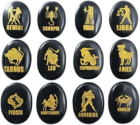 Crocon Black AGATE Zodijac ili horoskop simboli ugravirani okrugli kamenje za reiki ljekovita meditaciju Balansiranje dragulja Pocket