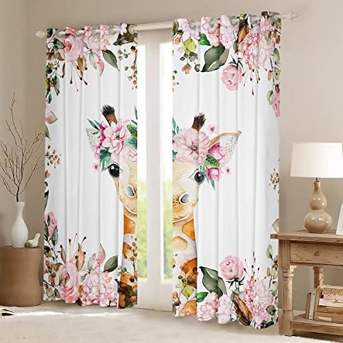 Slatke Giraffe Curtains Pink Rose BlackOut Curtains 76WX45L Dječje djece, crtane životinjske prozorske zavjese Dnevna soba Cvjetni