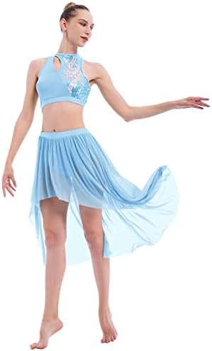 Odasdo Women 2 komad lirski ples kostim odrasli modernog savremenog plesnog odjeća Sequin Crop Top Mesh Tulle Leotard suknja