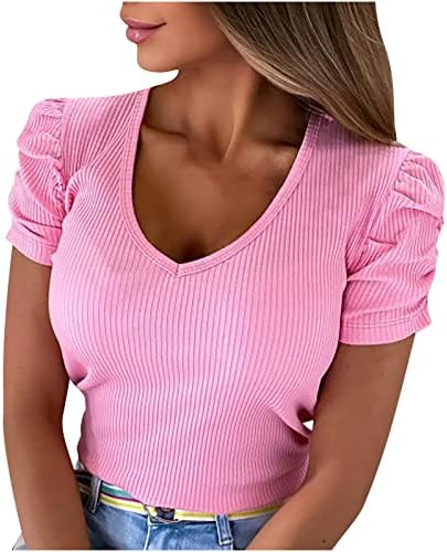 Rebrasti Puff rukav elastični Top za žene Casual jednobojna majica sa V izrezom tanke tunike za nošenje uz farmerke