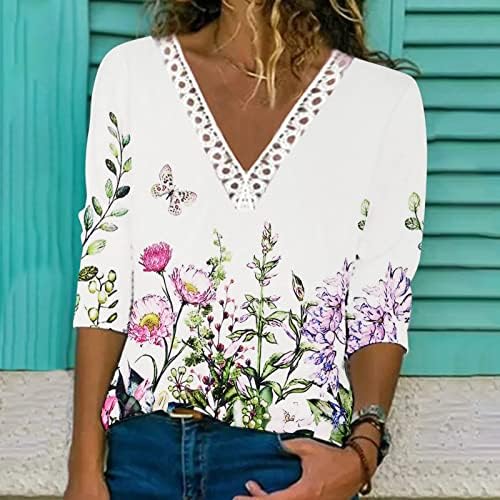 Ženska modna cvjetna tiskana majica V vrat Crochet čipke Ležerne prilike 3/4 rukava 2023 ljetne majice