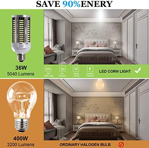 QiGe 400w ekvivalentna LED žarulja za kukuruz, 5040lumen 5000K 36W dnevna svjetlost Bijela E26/E27 Srednja baza za Zatvoreno Garažno