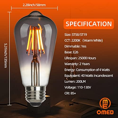 OMED dim Grey Zatamnjive Vintage Edison sijalice 40 Watt ekvivalent, ST58 / ST19 4W LED sijalice sa standardnom bazom E26, 200 lumena
