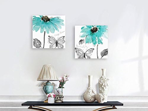 Genius Decor 2 komad Daisy cvijeće i leptir u Aqua siva i bijela zid dekor platno Artwork art Prints Decor