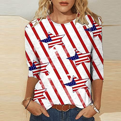Tuianres Womens America zastava 2023 Trendne zvijezde Stripes Patriotska majica 3/4 rukava za neovisnost na rukavima