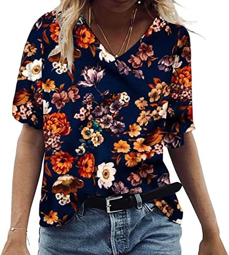 Loose Fit T Shirt za žene plus Size bluza sa cvjetnim printom V izrez kratki rukav tunika Tops ljetne Casual majice