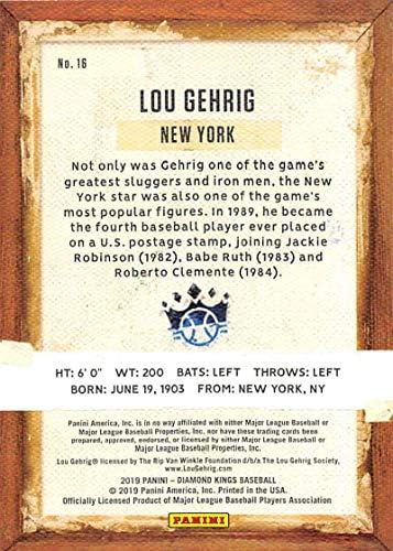 2019 Panini Diamond Kings 16 Lou Gehrig New York Yankees Baseball Card