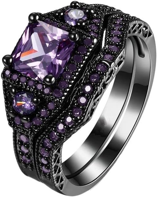 Mnogo zvona 2pc Square Black Black Purple Cubic Zirconia Bridal Rhinestone Angažovanje Crni prsten Full Diamond cirkonijski pasijans
